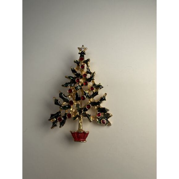 Holiday Christmas Tree Brooch Pin Gold Tone with Rhinestones - Picture 3 of 6
